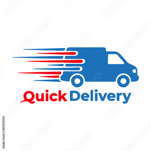 A professional blue and red vector icon featuring a speeding delivery van with "Quick Delivery" text, symbolizing rapid transport, express logistics, and reliable shipping. PNG ,JPG and EPS formats.