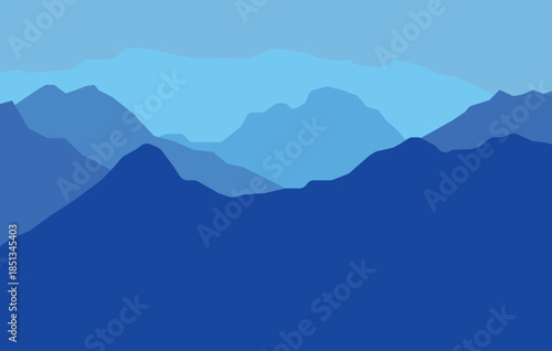 Blue landscape background with layered mountains and hills in smooth blue tones. Minimal flat vector illustration for outdoor, travel, tourism, web banners, posters, prints and presentations. EPS 10.