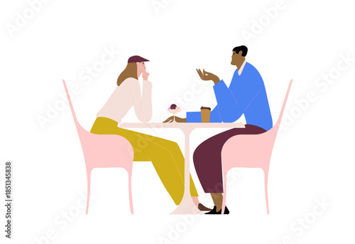Young love couple sitting at table with coffee in cafe. Date of happy enamored man and woman. Romantic dating of people in cafeteria. Colored flat vector illustration isolated on white background