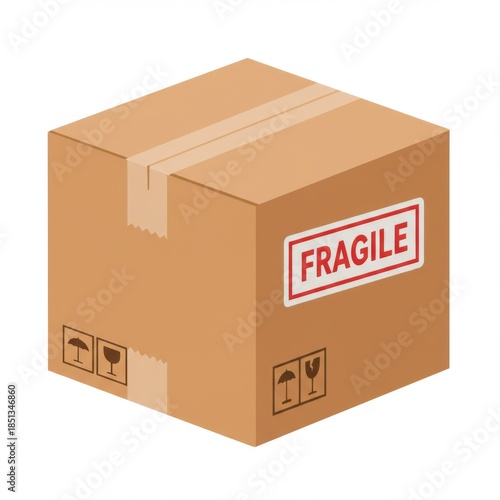Isometric Brown Cardboard Box with Fragile Label Packaging for Shipping and Delivery