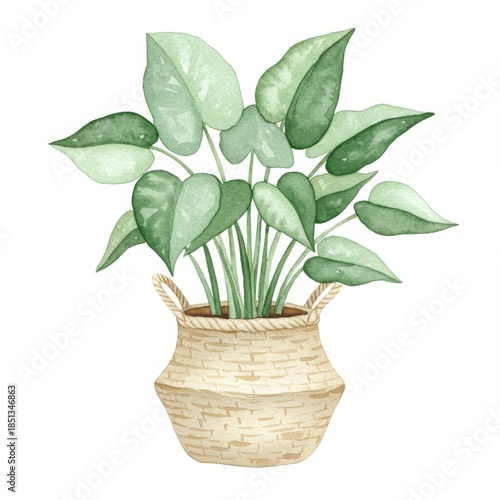 Watercolor Houseplant in Wicker Basket with Green Leaves Indoor Decoration