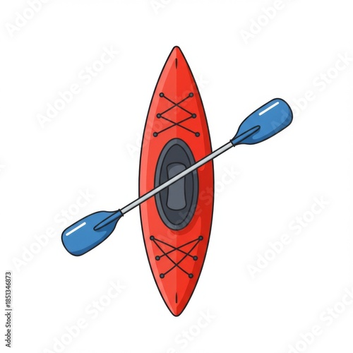 Red Kayak with Blue Paddle Top View Isolated on White Background for Outdoor Activity