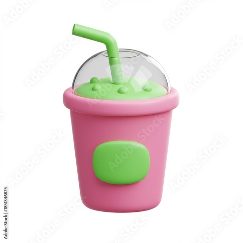Pink Smoothie Cup with Green Straw and Label on White Background 3D Render