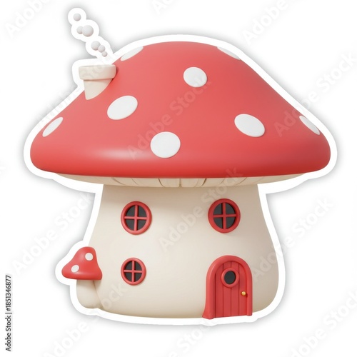 Red and White Polka Dot Mushroom House 3D Rendering on Isolated Background