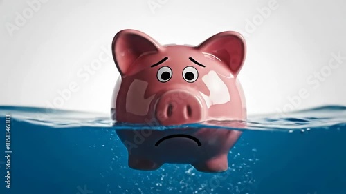 Stressed pink piggy bank drowning in deep blue water, symbolizing financial crisis, heavy debt, bankruptcy, and economic recession. Concept of sinking savings and market failure