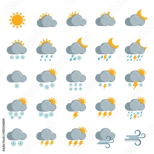 Weather Condition Pixel Art with Sun Clouds Rain Snow Lightning on White Background