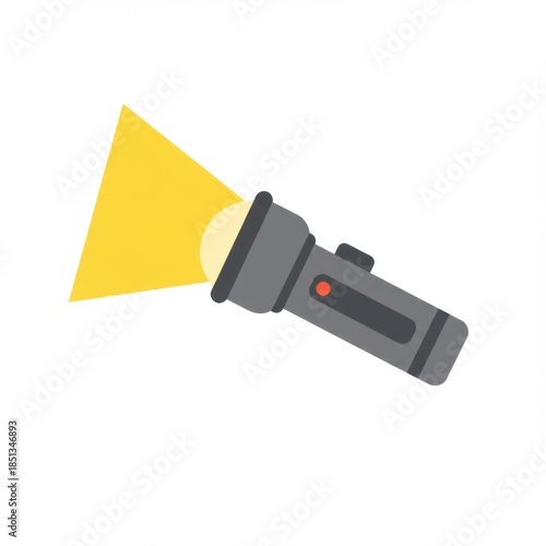 Illuminated Gray Flashlight Casting a Bright Yellow Light Beam on White Background