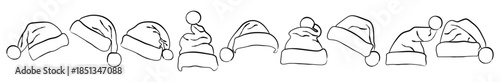 Christmas santa hat illustration set with festive winter holiday caps for coloring and design by hand drawn line art