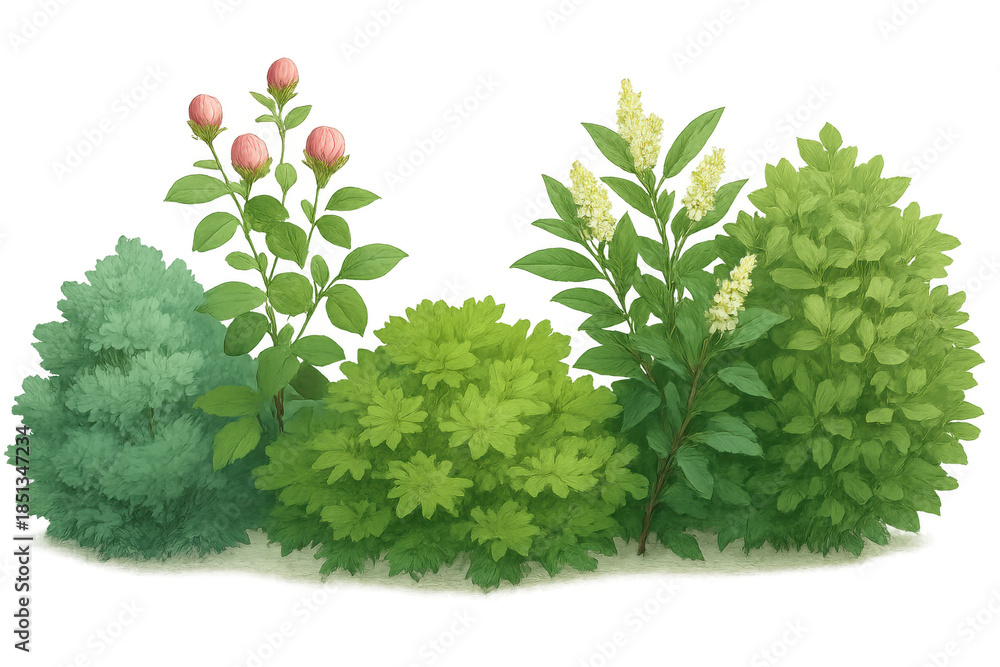 Fototapeta premium Lush green garden plants bush border with spring foliage, floral buds, and white blossoms on transparent background