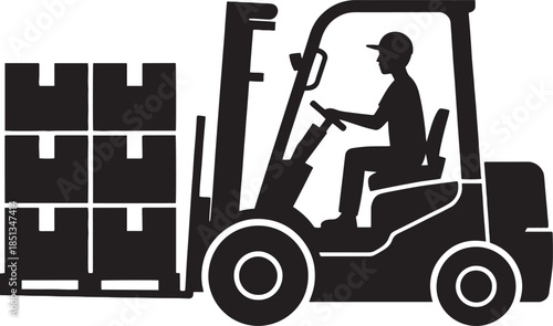 Silhouette of a forklift driver carrying a stack of boxes on a pallet vector illustration