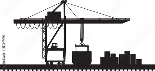Silhouette of a large gantry crane loading cargo at a port harbor shipping