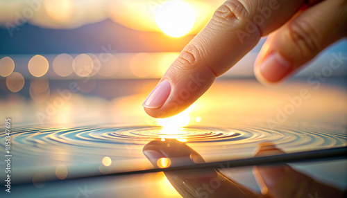 Touch of Serenity: A delicate fingertip gently touches the surface of calm water, creating a ripple effect. The soft glow of the sun reflecting adds a layer of warmth and serenity.