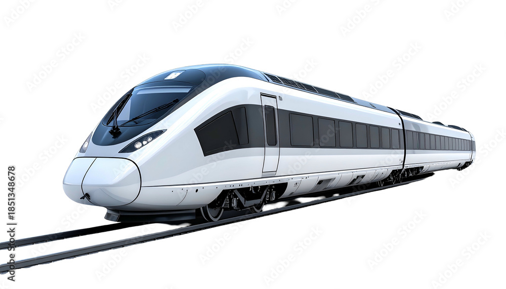 Fototapeta premium Sleek, modern, high-speed passenger train traveling on tracks, rendered against black background