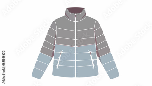 Colorful illustration of a zipped jacket with gray, blue, and white stripes on a white background.