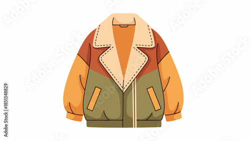 Colorful illustration of a jacket with a white faux fur collar on a plain white background.