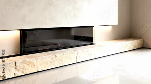 Modern minimalist fireplace with a long, horizontal glass front set into a rough stone and marble bench