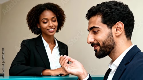 Smiling businesswoman hands car keys to a bearded male customer during an exchange or rental transaction