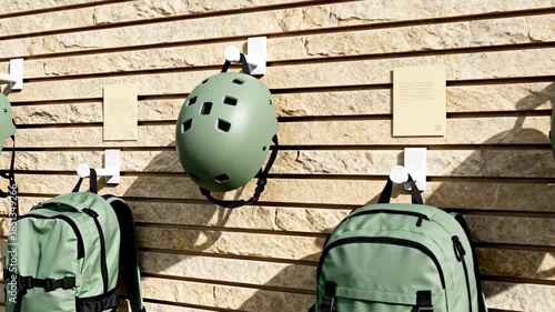 Display of green sports helmets and backpacks in a modern environment with a natural stone backdrop