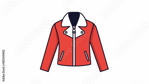Flat lay illustration of a red jacket with white collar and zipper on a plain white background.