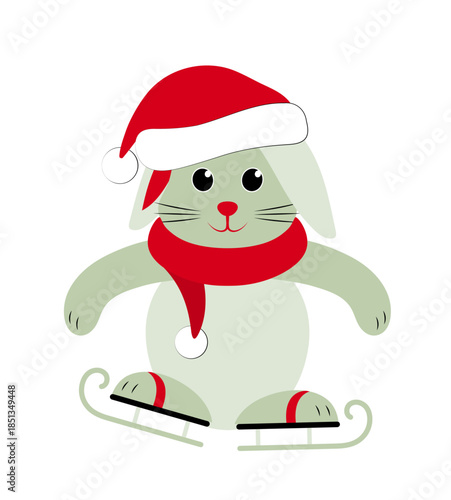 bunny with cap and scarf on ice skates isolated on white background