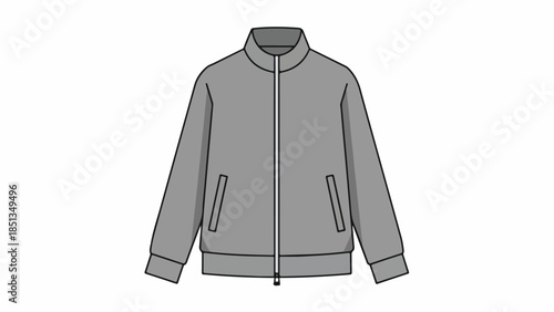 Grey zip-up jacket with two pockets on a plain white background, depicted in a simple line drawing style.