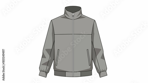 Gray zip-up jacket with high collar and two pockets on a white background, depicted in a flat illustration style.