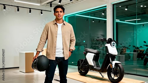 Young man holds up a helmet next to a modern white electric scooter display in a bright, minimalist retail showroom