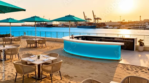 Empty beach bar and restaurant terrace with teal umbrellas and glowing counter overlooks a commercial seaport at sunset or sunrise