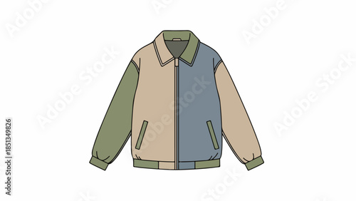 A colorful, patchwork jacket with a collared neck and long sleeves in shades of blue, beige, and green against a plain white background.