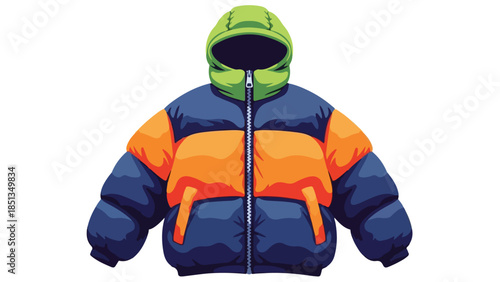 Colorful puffer jacket with hood and zipper closure on a white background.