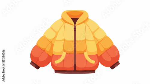 Graphic illustration of a vibrant orange and yellow puffer jacket on a white background.