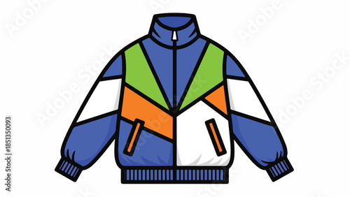 Colorful graphic illustration of a zip-up jacket with blue, green, orange, and white sections on a plain white background.