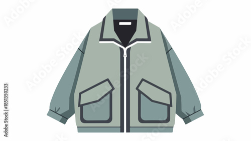 Front view of a gray jacket with black trim and two pockets on a white background.
