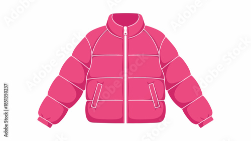 A pink puffer jacket with white lines and a zipper on a plain white background.