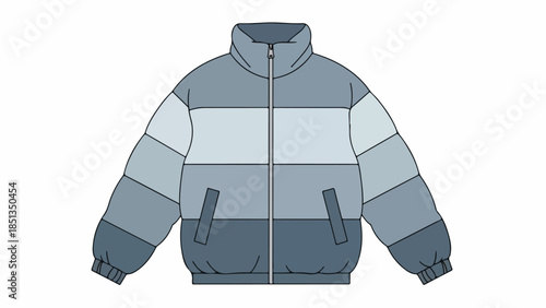 Graphic illustration of a blue and gray striped jacket on a white background with a zipper closure.