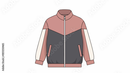 Colorful illustration of a zip-up jacket with pink, white and dark gray panels on a plain white background.