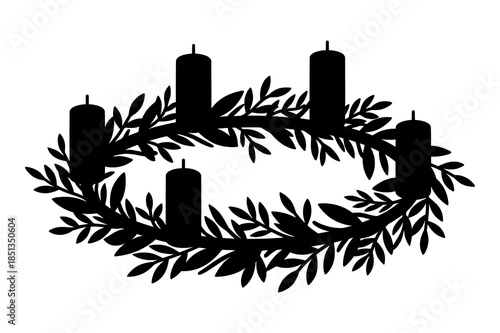 Black silhouette of an advent wreath with five candles ready for the four weeks of christmas