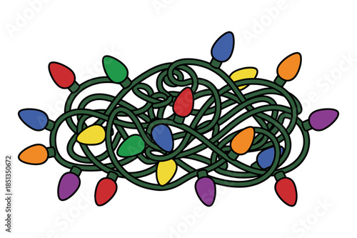 Tangled mess of colorful holiday string lights represents a common frustration during decoration setup