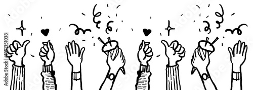 Set of hand drawn minimalist doodle hands celebrating. Featuring thumbs up, finger hearts, waving hands, and party poppers with confetti.