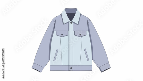 Flat lay illustration of a light blue denim jacket with a collar and two breast pockets on a plain white background.