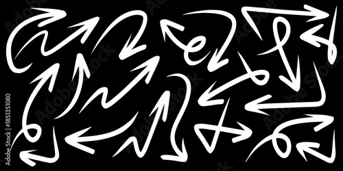Set of Hand drawn vector arrows doodle on black background. design element vector illustration.