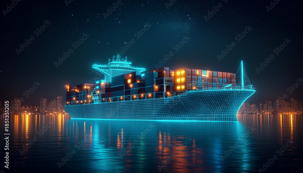 Obraz premium Digital network container ship sails night. Futuristic, glowing blue lines with city skyline background. High-tech global shipping