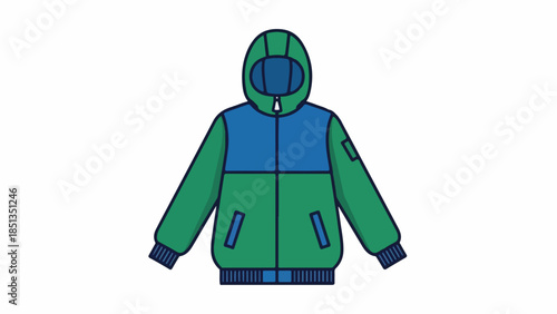 Colorful illustration of a green and blue hooded jacket with a zipper on a white background.