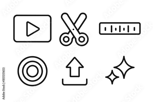 Video Creation Icons. Line vector icons of short-video creation platform: play button frame, trimming scissors, timeline bar,