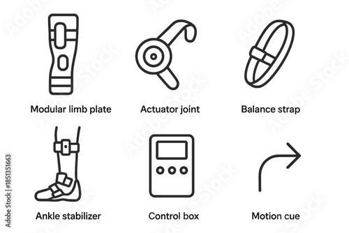 Clinical Exosuit Components. Line vector icons of clinical gait-training exosuit: modular limb plate, actuator joint, balance