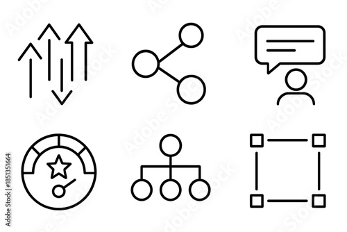 Relevance System Icons. Line vector icons of relevance ranking system: priority arrows, node clustering, user input bubble,