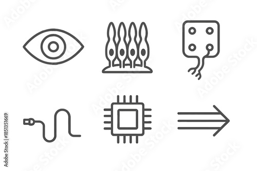 Vision Restoration Icons. Line vector icons of visual restoration retina: eye curve, photoreceptor cluster, neural interface pad,