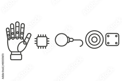 Touch-Aware Prosthetic Components. Line vector icons of touch-aware prosthetic system: mechanical palm, micro-sensor, actuator