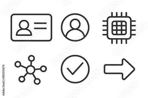 Digital Passport Elements. Line vector icons of digital metaverse citizen passport: ID card frame, avatar circle, chip module,