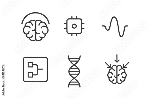 Cognitive Interface Icons. Line vector icons of cognitive signal interface: brain arc, micro-sensor, signal curve, data box, link